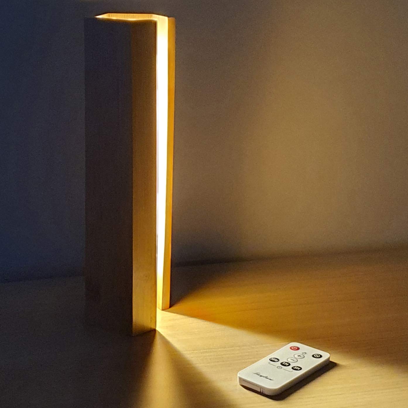 LAYTURE Modern Wood LED Desk Lamp with Timer & Remote Control - Adjustable Warm Light for Bedroom, Office, Study - Unique Indirect Lighting Design for Reading & Relaxation