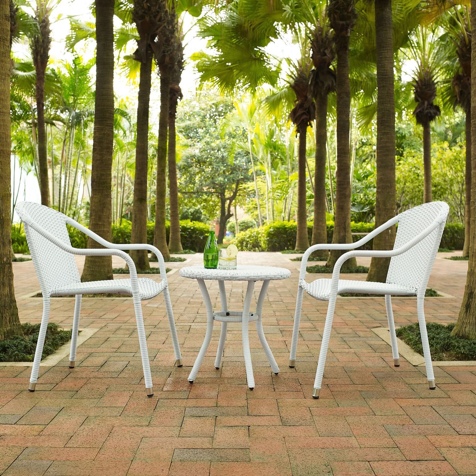 Crosley Furniture Palm Harbor 3-Piece Wicker Patio Set - White Wicker Side Table & 2 Stackable Chairs for Outdoor Conversation & Relaxation | Perfect for Garden, Poolside & Backyard Lounging