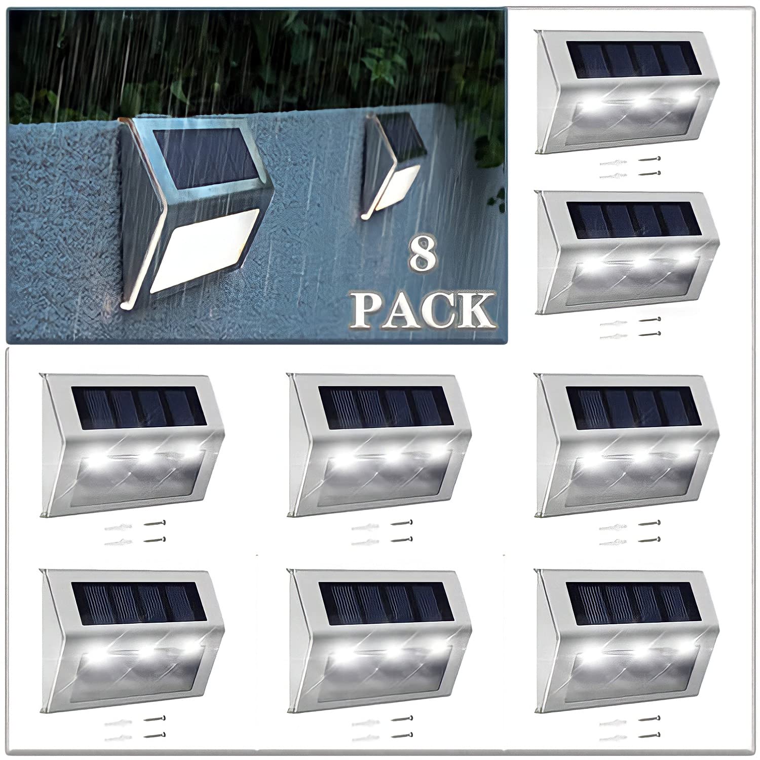 8 Pack Solar Step Lights Outdoor Waterproof - LED Solar Deck Lights for Pathway, Pool, Stairs, Garden - White Light - Perfect for Patio, Walkway, and Backyard Lighting