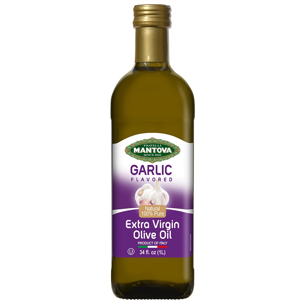Premium Mantova Garlic Infused Extra Virgin Olive Oil (EVOO) - Cold-Pressed, Imported from Italy - 34 oz Glass Bottle (Pack of 2) - Perfect for Salads, Pasta, Vegetables & Bread Dipping - Great for Cooking, Grilling & Gourmet Recipes