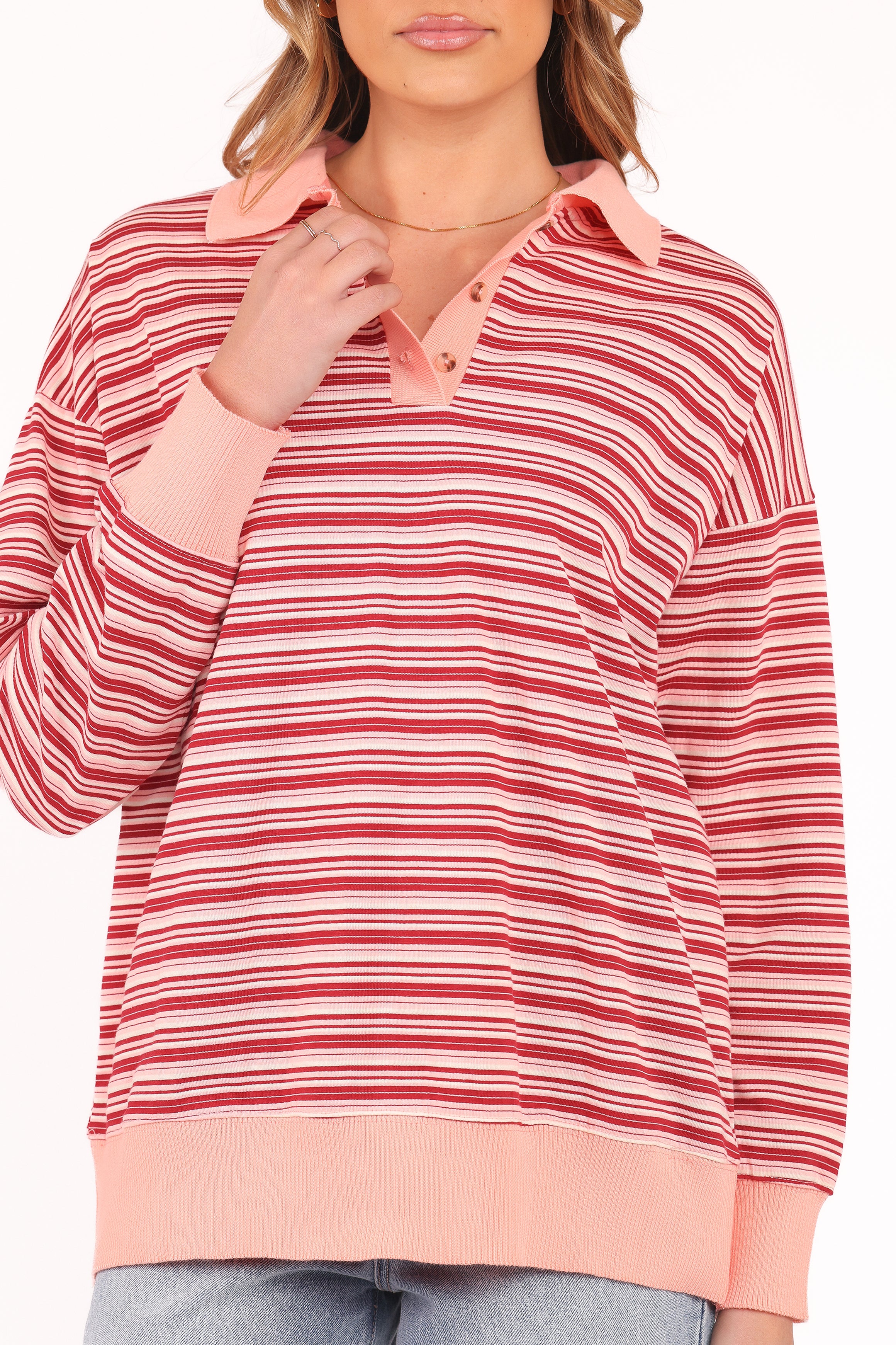 Beau Long Sleeve Jersey Top for Women - Soft Pink Stripe Casual Shirt, Comfortable Stretch Fabric, Perfect for Work, Date Night & Everyday Wear