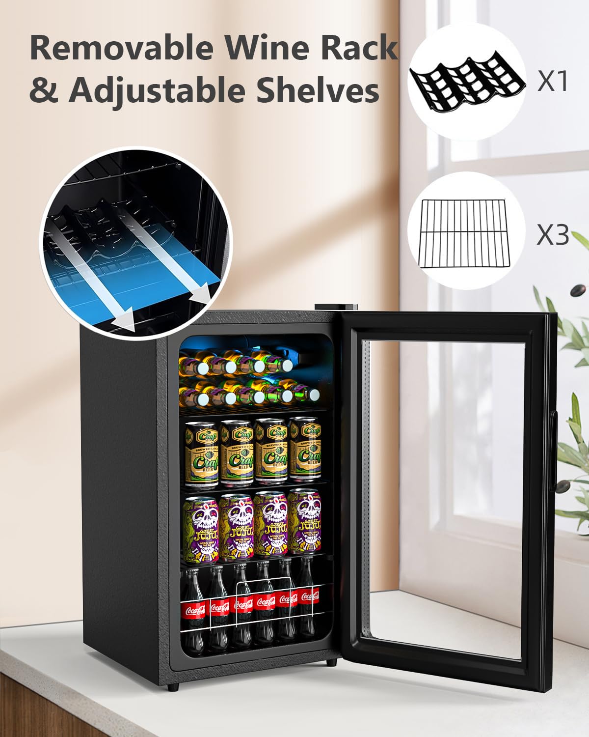 Geekman 120 Can Beverage Refrigerator - Freestanding Mini Fridge with Double-Layer Glass Door, Adjustable Removable Shelves for Beer, Wine & Soda - Perfect for Home Bar, Office, Man Cave & Entertainment Spaces