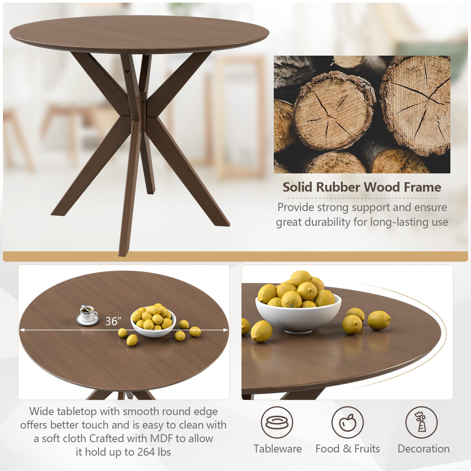 Giantex 3-Piece Wooden Farmhouse Dining Set - Round Kitchen Table with 2 Cushioned Chairs, Mid-Century Modern Dinette for Dining Room, Living Room & Small Spaces - Perfect for Family Meals, Breakfast Nook & Cozy Gatherings