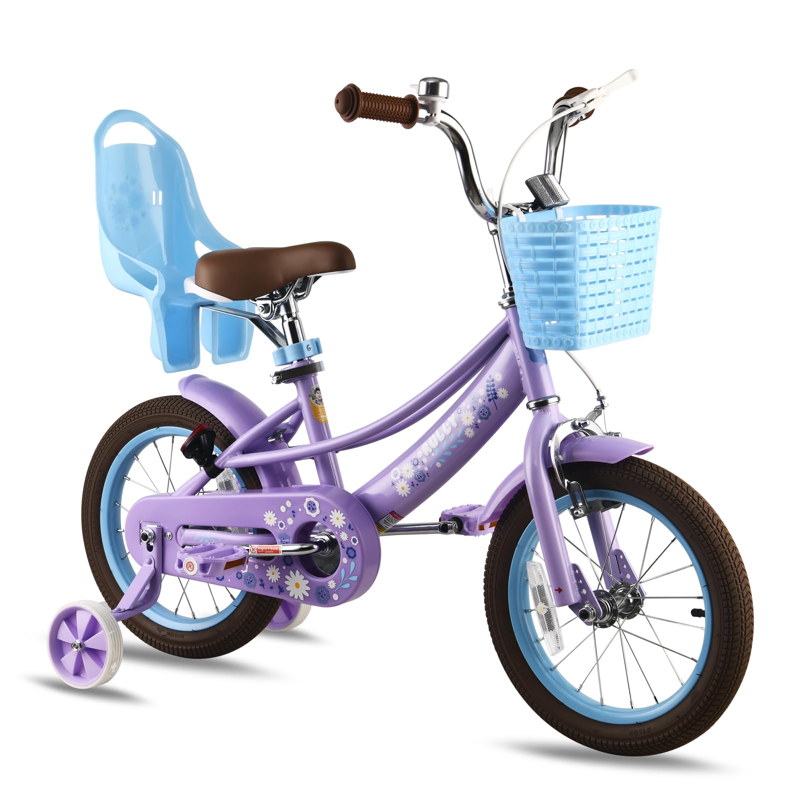 **RULLY 14 Inch Girls Bike for Toddlers Age 3-5 | Kids Bicycle with Training Wheels, Basket & Doll Seat | Purple Children's Bike for Outdoor Play & Neighborhood Rides**
