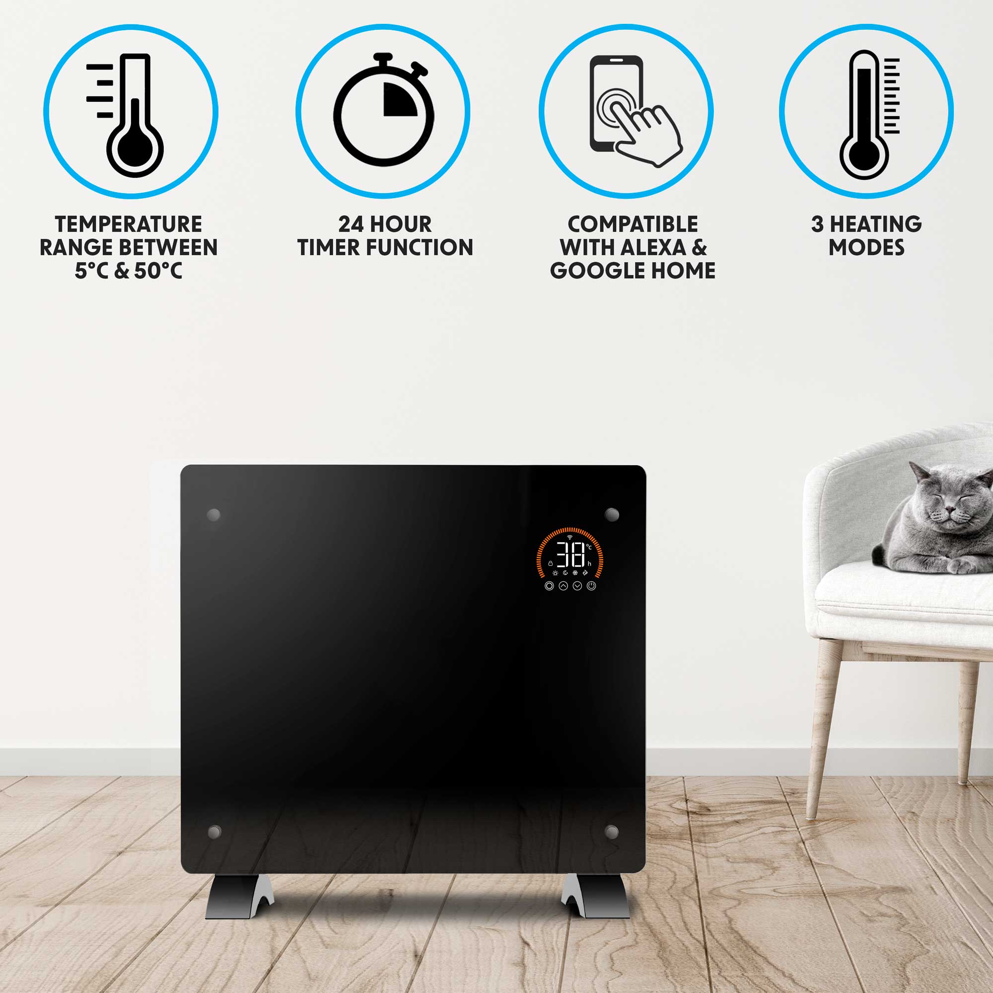 Baridi 1000W Smart WiFi Electric Glass Panel Heater with 24/7 Timer & Remote Control - Energy Efficient Space Heater for Bedroom, Office & Home Use - Black (Model DH135)