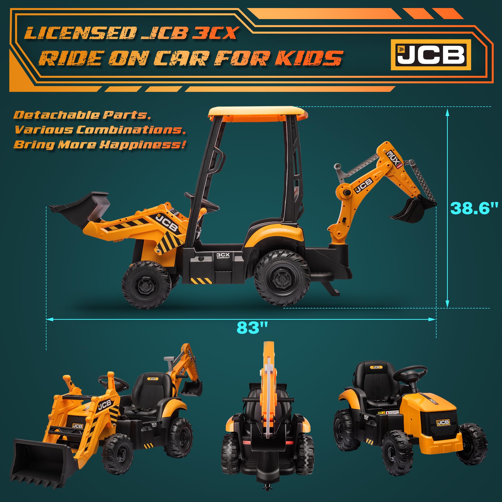 12V JCB Electric Backhoe Loader Toy Car for Kids - Battery Powered Ride-On Construction Vehicle with Front Loader & Excavator, Remote Control, Moving Parts, Adjustable Seat & Soft Start - Perfect for Outdoor Play, Birthday Gifts & Construction Pretend Play