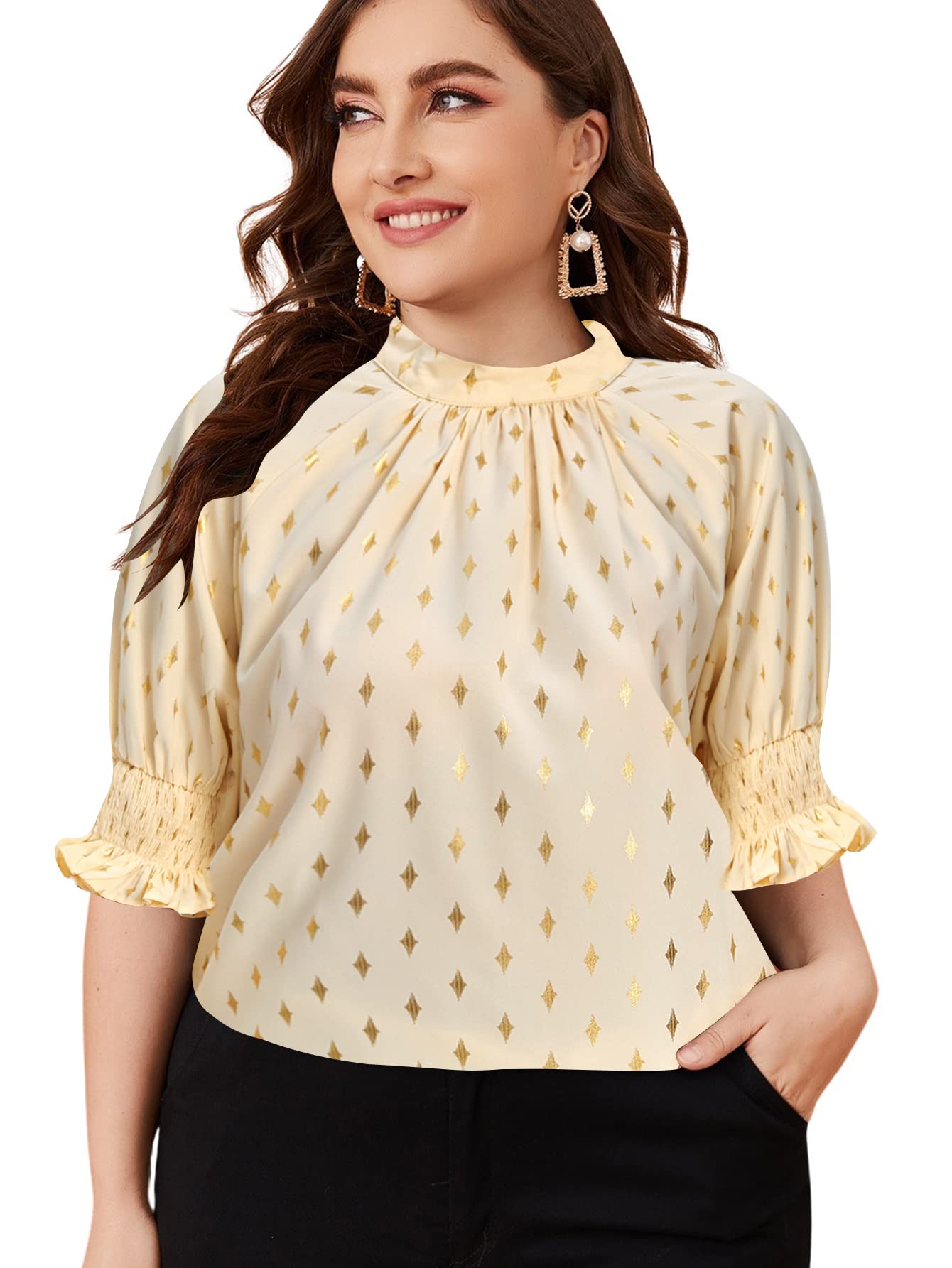 Romwe Women's Plus Size Pleated Mock Neck Puff Sleeve Blouse - Office Work Tops for Professional & Casual Wear | Perfect for Business Meetings, Office Outfits & Smart Casual Occasions