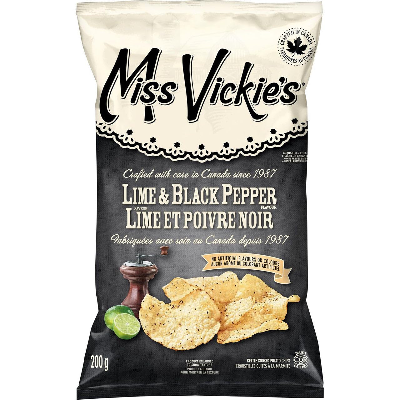 Miss Vickie's Kettle Cooked Lime & Black Pepper Potato Chips 200g (7.1 oz) - Crunchy Canadian Snacks for Parties, Picnics & Movie Nights