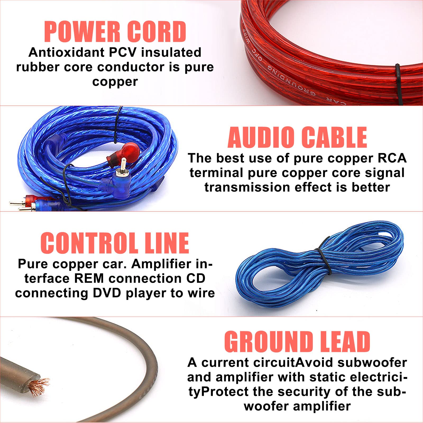 8GA 1000W Car Amplifier Wiring Kit - Power Cable & Audio Wiring for Car Amp - Perfect for Car Audio System Upgrades & DIY Installations