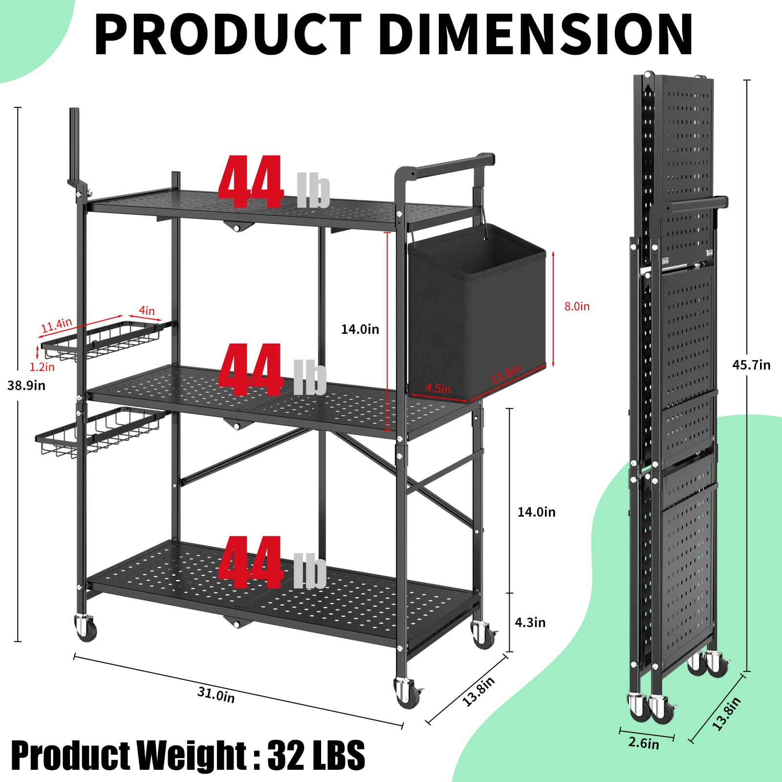 Foldable 3-Tier Outdoor Grill Cart with Locking Casters - Portable BBQ Table, Pizza Oven Stand & Folding Kitchen Island for Patio, Backyard & Camping - Black