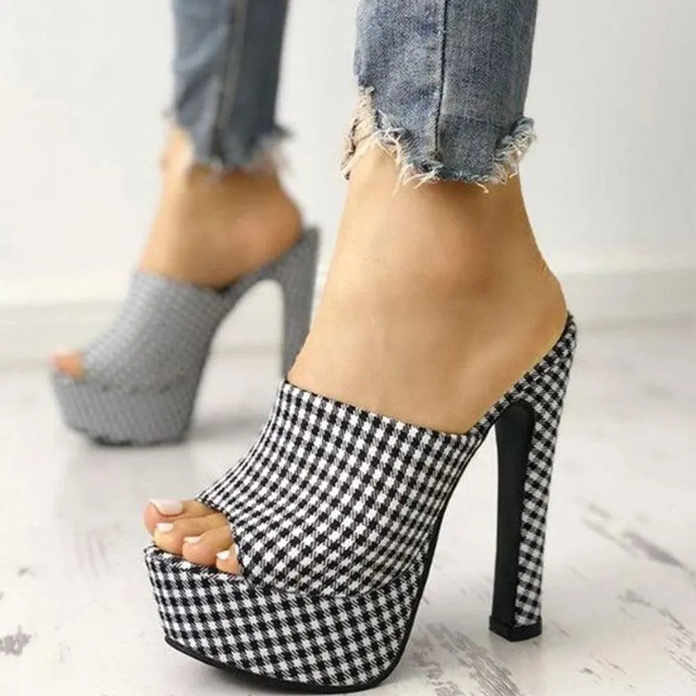 Stylish Plaid High Heel Platform Sandals for Women - Fashionable Chunky Heel Summer Shoes for Parties, Weddings & Date Nights
