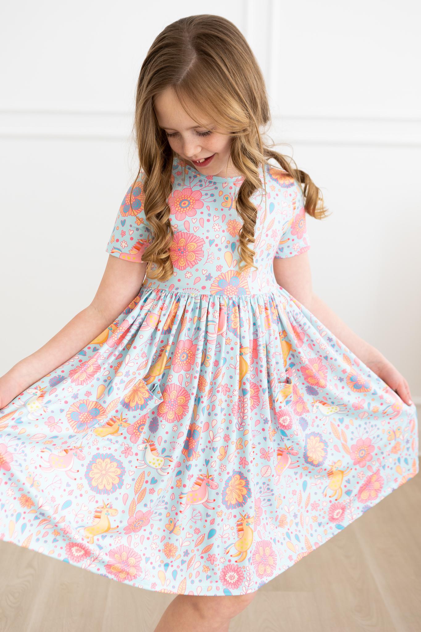 Blue Retro Unicorns Short Sleeve Pocket Twirl Dress for Girls - Perfect for Birthday Parties, Tea Time & Photo Shoots