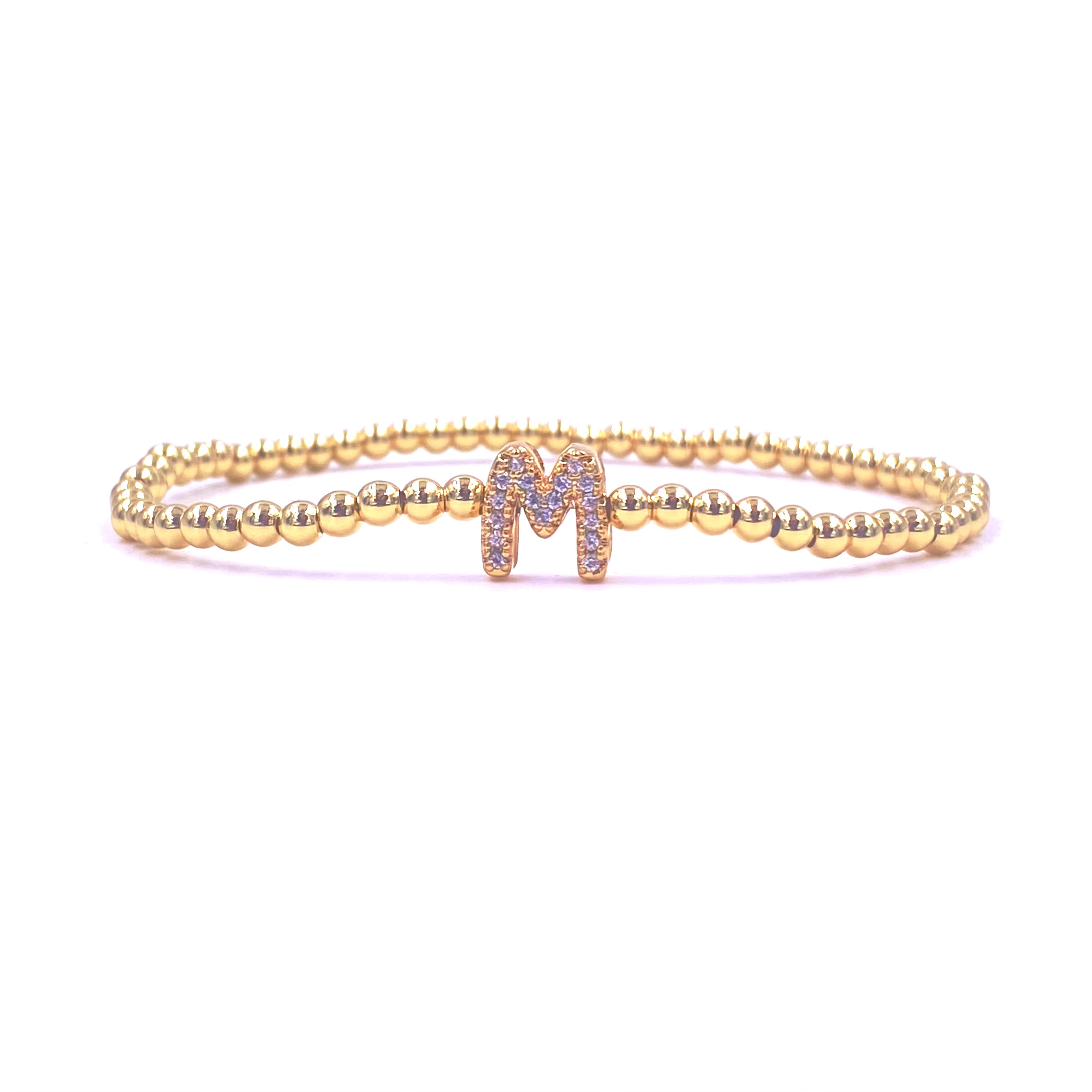 Ashley Gold Stainless Steel Gold Plated CZ Initial Bead Stretch Bracelet for Women - Elegant Beaded Jewelry for Parties, Weddings & Everyday Wear