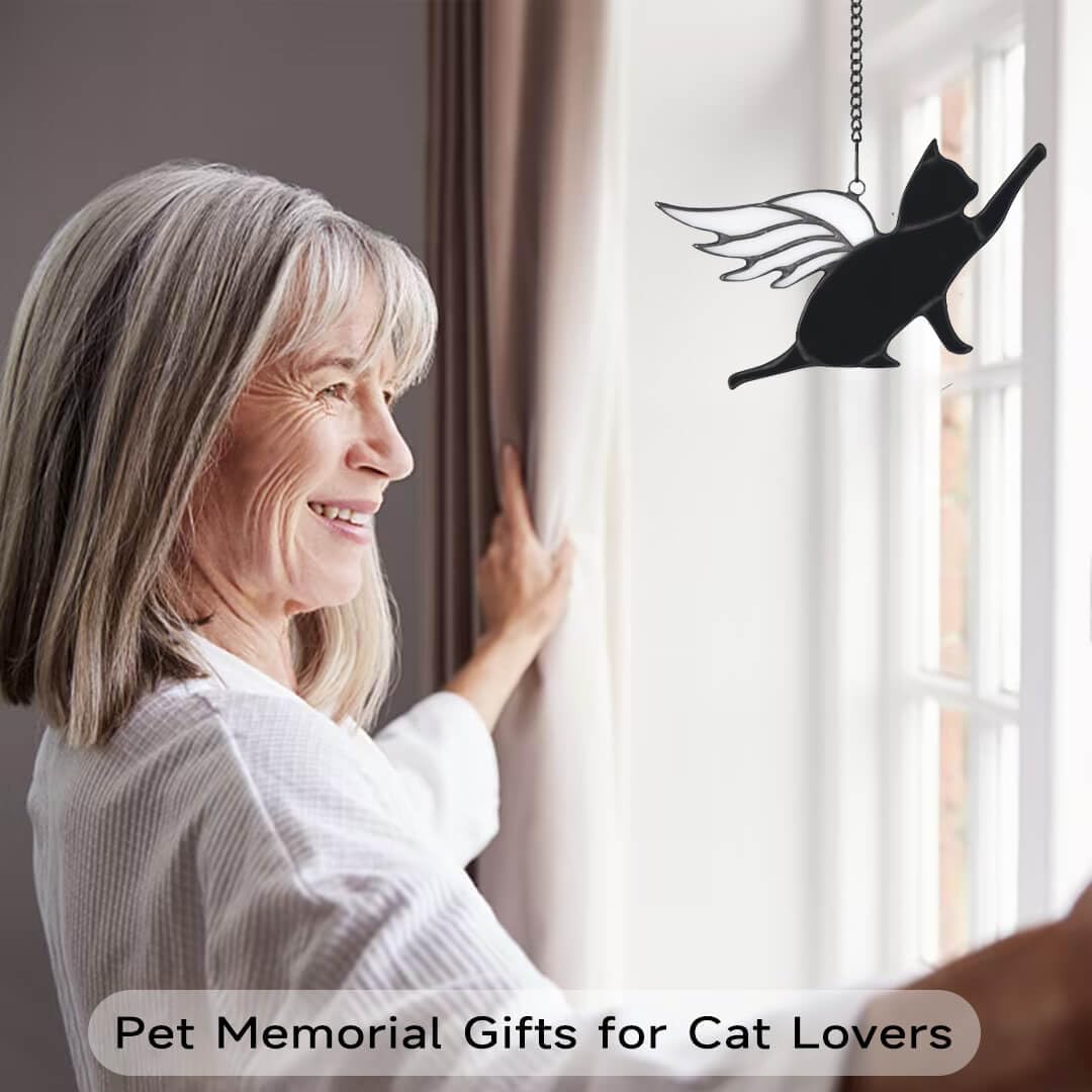 Angel Wing Cat Memorial Gift - Stained Glass Suncatcher for Pet Loss Remembrance, Home Decor