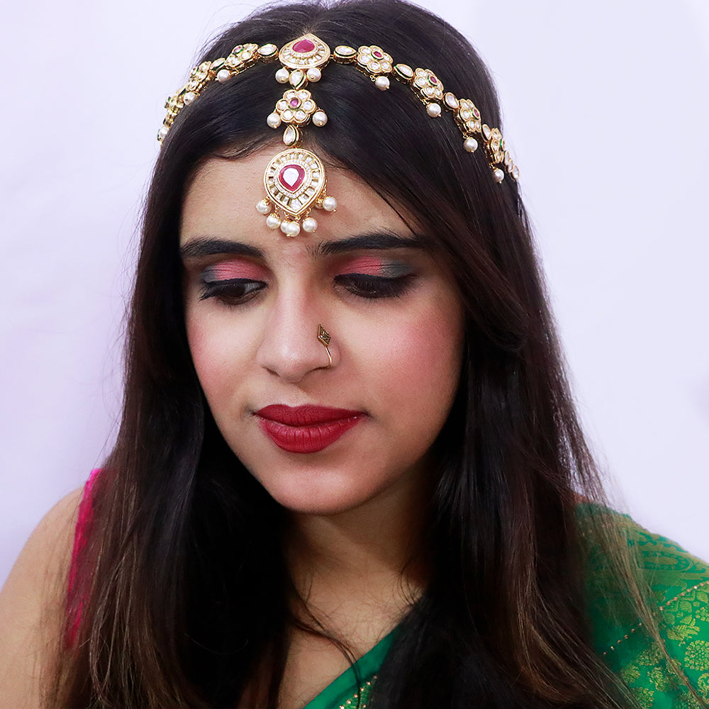 Exquisite Designer Gold Plated Royal Kundan & Ruby Sheeshphool Mathapatti Headpiece (D80) - Perfect for Weddings, Indian Festivals & Bridal Jewelry Collections