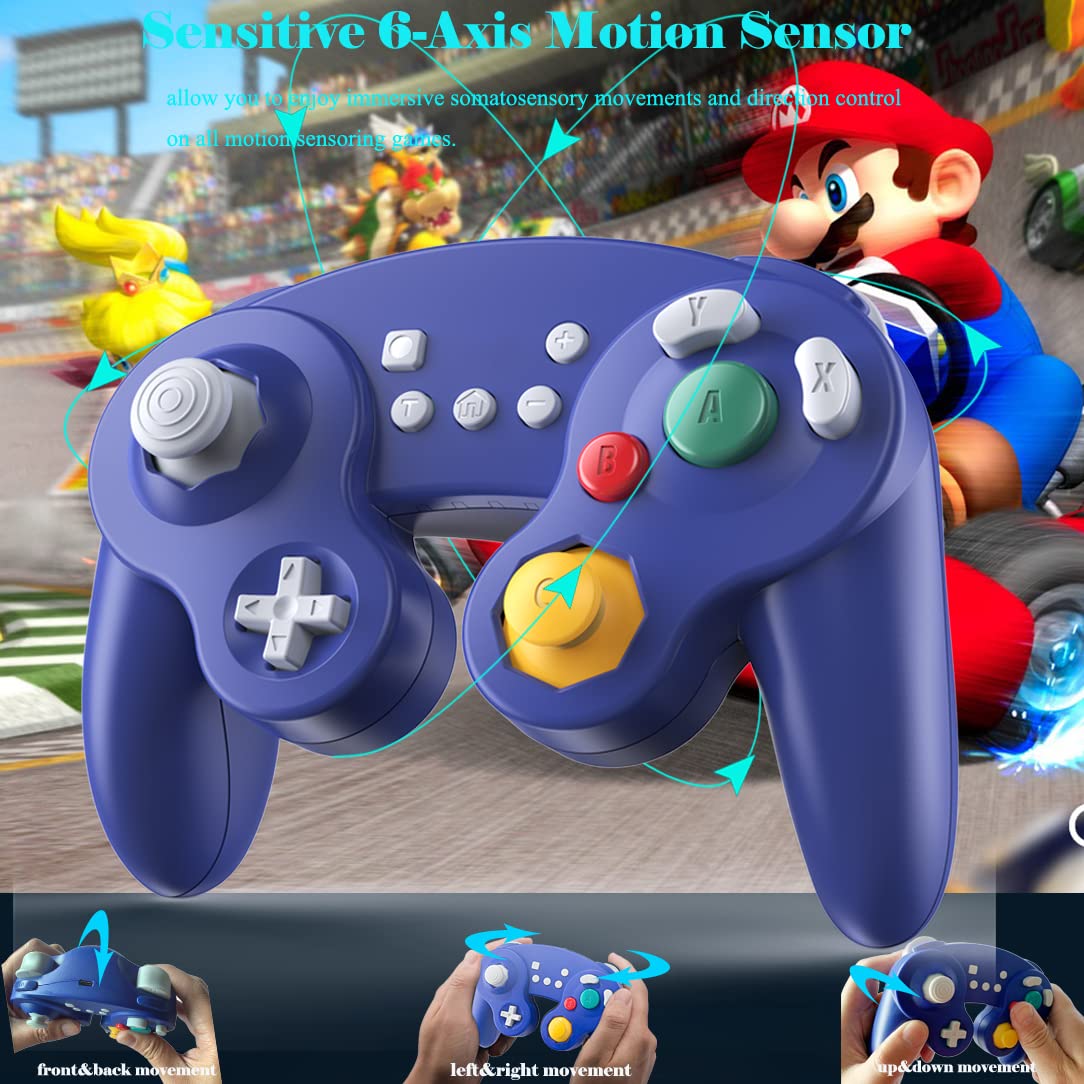 EXLENE Wireless Gamecube Controller for Nintendo Switch/Lite/PC/Android/iOS/Steam - Pro Controller with Wake Up, Motion Control, Adjustable Vibration, Turbo & Auto Turbo (Upgraded Blue) - Perfect for Gaming, Streaming & Multiplayer Sessions