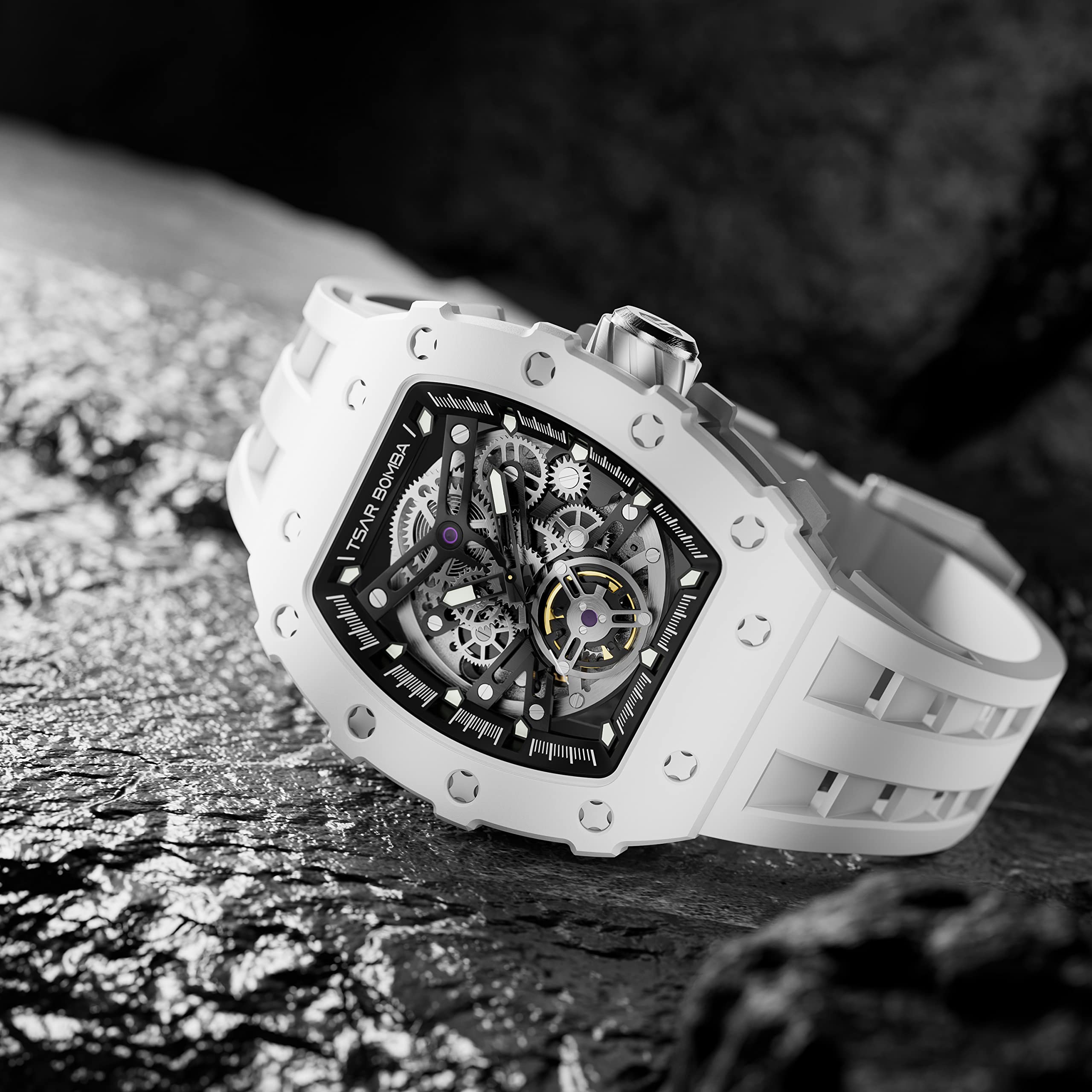 TSAR BOMBA Men's Automatic Skeleton Watch - Luxury Mechanical Tonneau Watch with Square Big Face Dial, 50M Waterproof, Silicone Strap - Perfect for Business, Formal Events & Everyday Wear