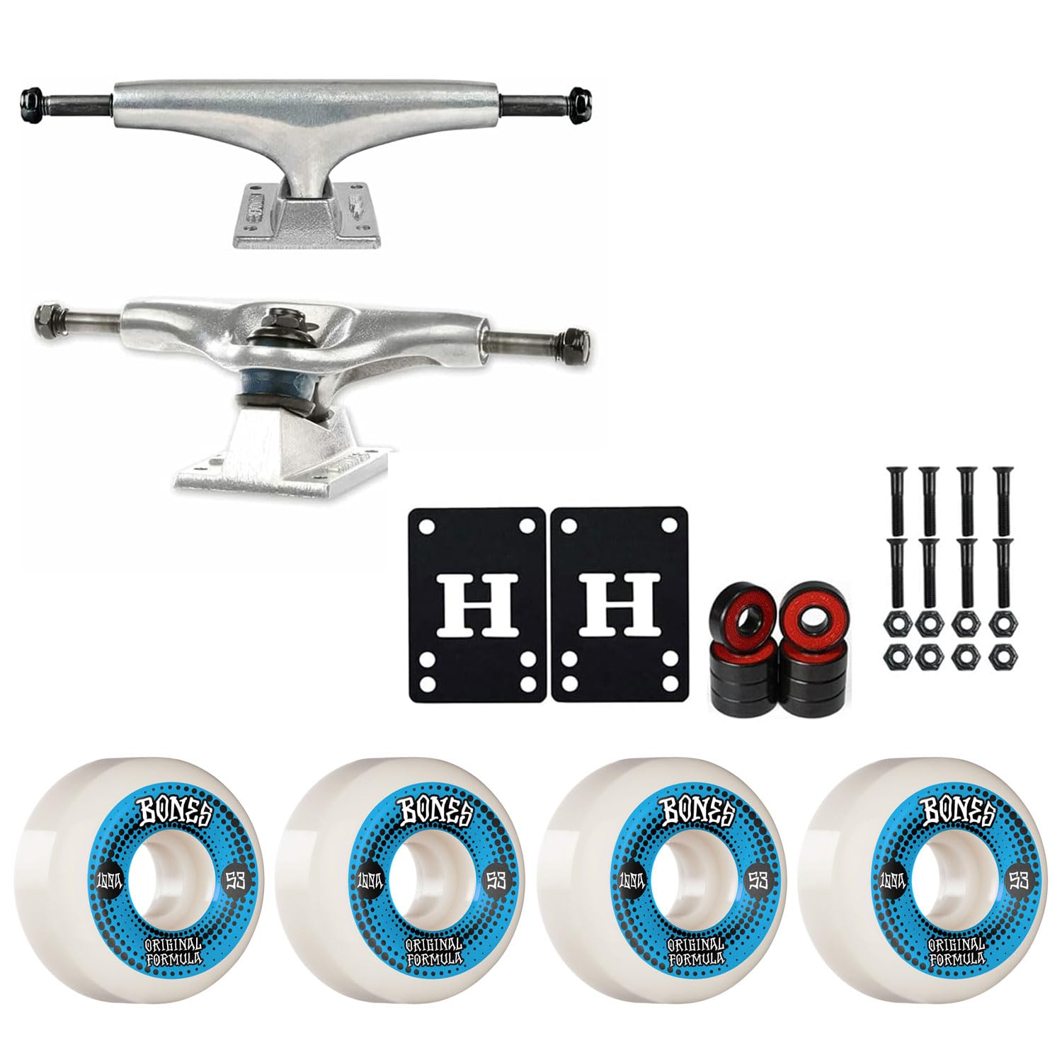 Thunder Skateboard Trucks (Choose Size) + Bones 100 Wheels with Bearings - Complete Skateboard Hardware Set for Street & Park Skating