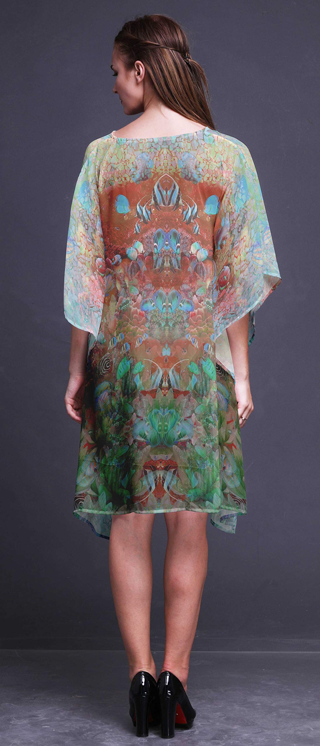 Women's Floral Short Beach Kaftan - Lightweight Bikini Cover Up Midi Dress for Summer Vacation, Pool Party & Beach Getaway