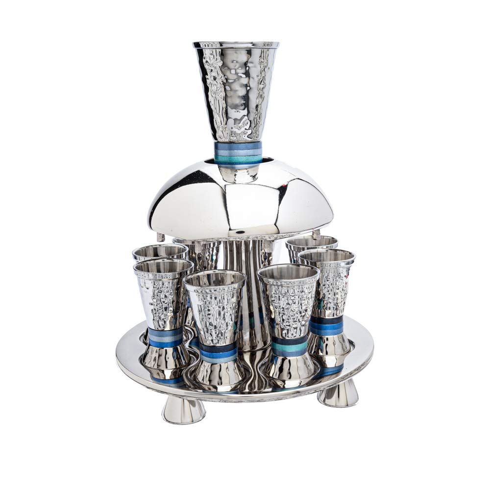 Hammered Nickel Kiddush Fountain with Cone Shaped Cups - Elegant Blue Ring Design for Jewish Holiday Rituals & Shabbat Celebrations