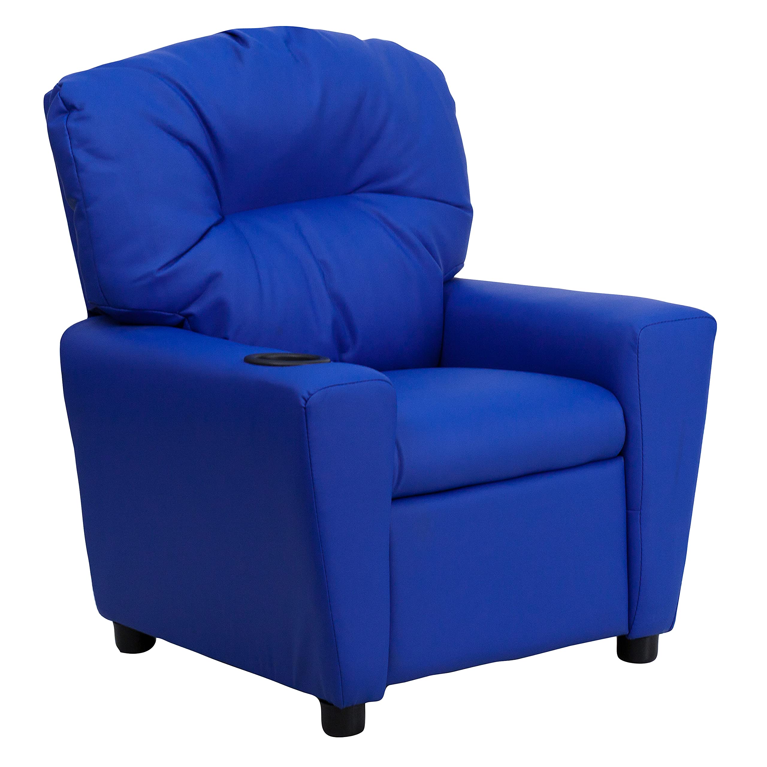 Emma & Oliver Blue Vinyl Kids Recliner Chair with Cup Holder - Comfortable Children's Lounge Chair for Playroom, Bedroom or TV Time