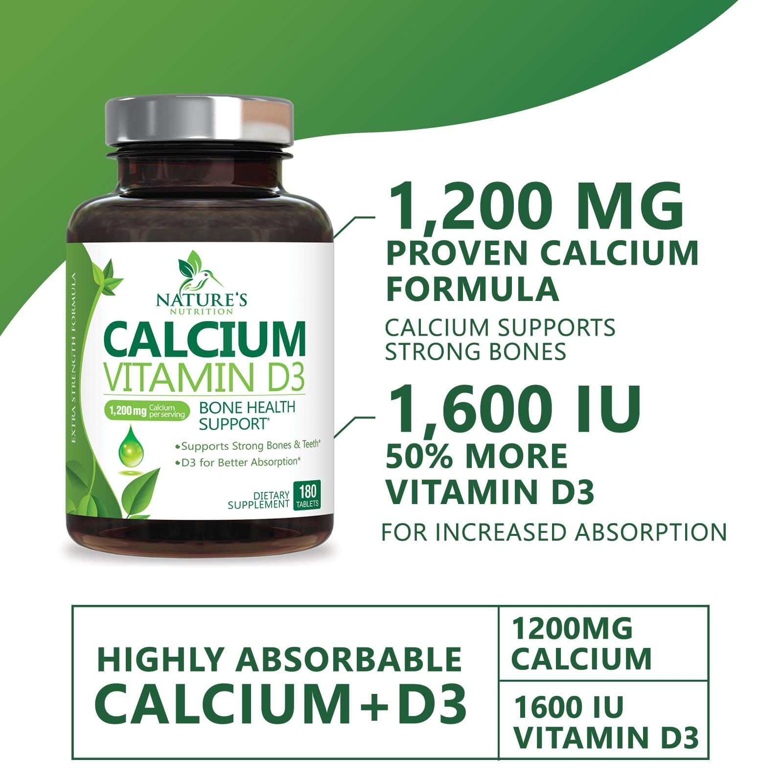 1200mg Calcium with Vitamin D3 Supplement - Supports Bone Strength, Teeth & Immune Health - Absorbable Calcium Carbonate for Women & Men - 180 Tablets - Ideal for Daily Bone Support & Healthy Aging
