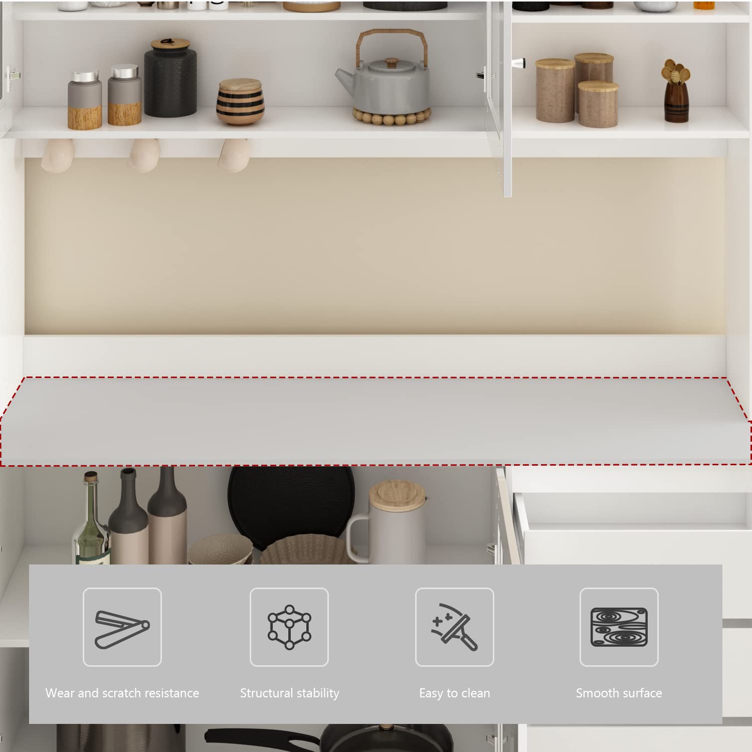 White Large Kitchen Hutch Cabinet with 4 Glass Doors & 4 Drawers - 63
