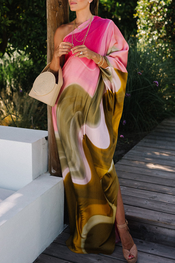Stylish Satin Tie-Dye One Shoulder Maxi Dress for Women - Summer Vacation & Beach Party Outfit