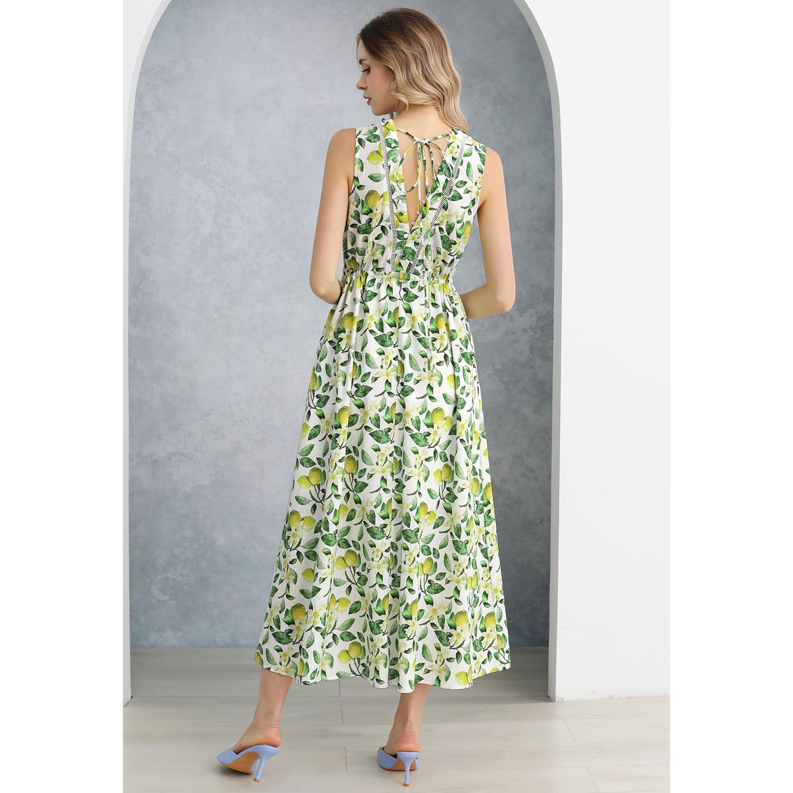 CHICWISH Women's V-Neck Sleeveless Cotton Midi Dress - Lemon Print Button Down Beach Dress with Side Pockets | Perfect for Summer Vacation, Casual Outings & Tropical Getaways