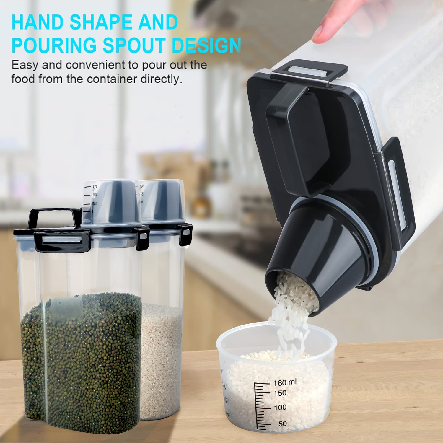 BPA-Free Plastic Rice Storage Containers with Airtight Seal & Pourable Spout - Dry Food Dispenser for Cereal, Flour, Baking Supplies - Includes Measuring Cup & Stainless Steel Whisk - Perfect for Kitchen Pantry Organization & Bulk Food Storage