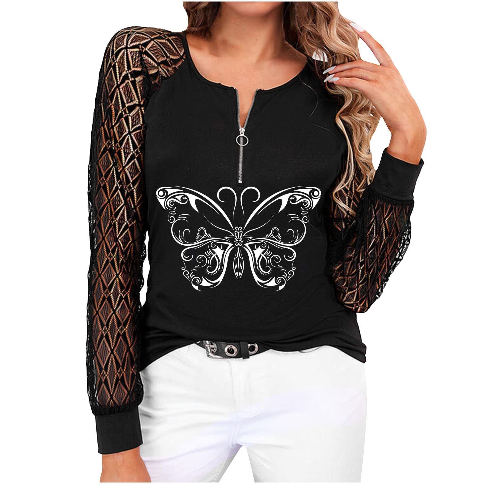 Women's Long Sleeve Zip Up Hoodie Sweatshirt - Crewneck Casual Pullover with Lace & Print Design for Everyday Wear | Perfect for Work, Gym & Outdoor Activities