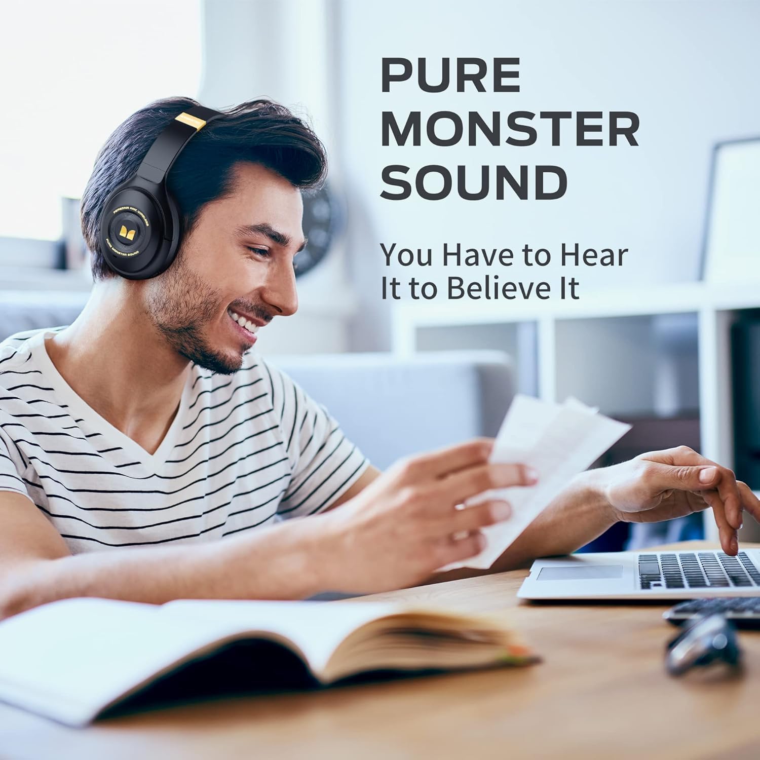 Monster Persona Wireless Bluetooth Over-Ear Headphones with Active Noise Cancelling, Hi-Fi Audio & Deep Bass, 30H Playtime, Quick Charge, Memory Foam Ear Cups - Perfect for Travel, Home Office, Commuting & Gaming