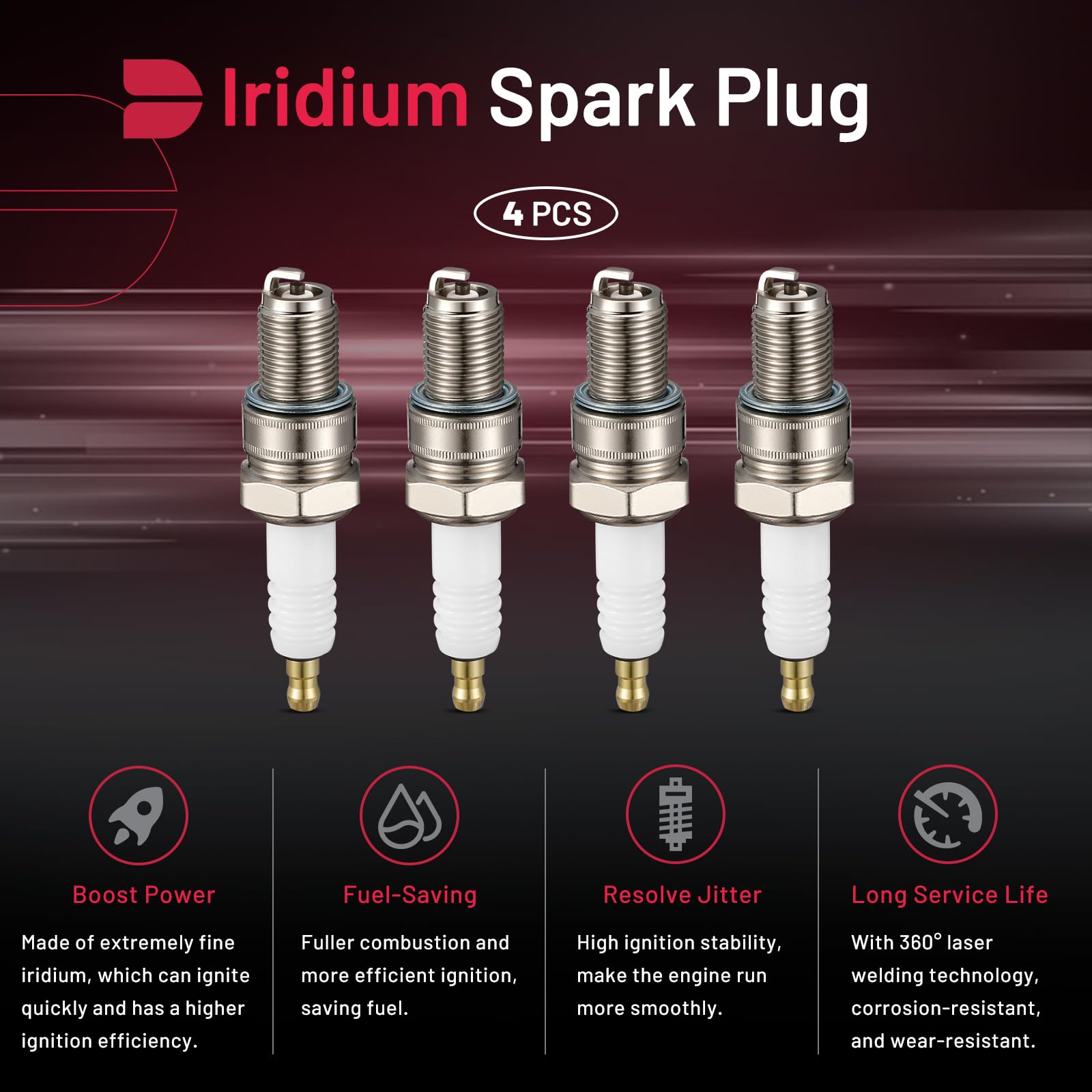 BDFHYK BR8ES Iridium Spark Plugs - Compatible with Honda Yamaha Kawasaki Suzuki 50cc-1000cc Engines (1976-2006) - Replacement for 5422 - Set of 4 - Perfect for Motorcycle ATV Dirt Bike Performance Upgrades & Engine Maintenance