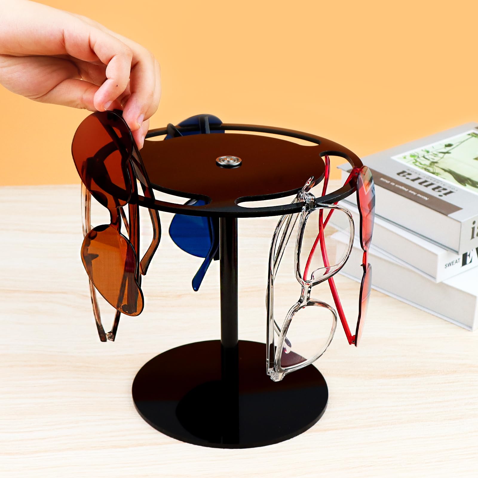360° Rotating Acrylic Sunglasses Holder Stand - Black Eyeglass Organizer & Display Rack for Desk, Dresser, Tabletop | Perfect for Home, Office, Retail Store Eyewear Display
