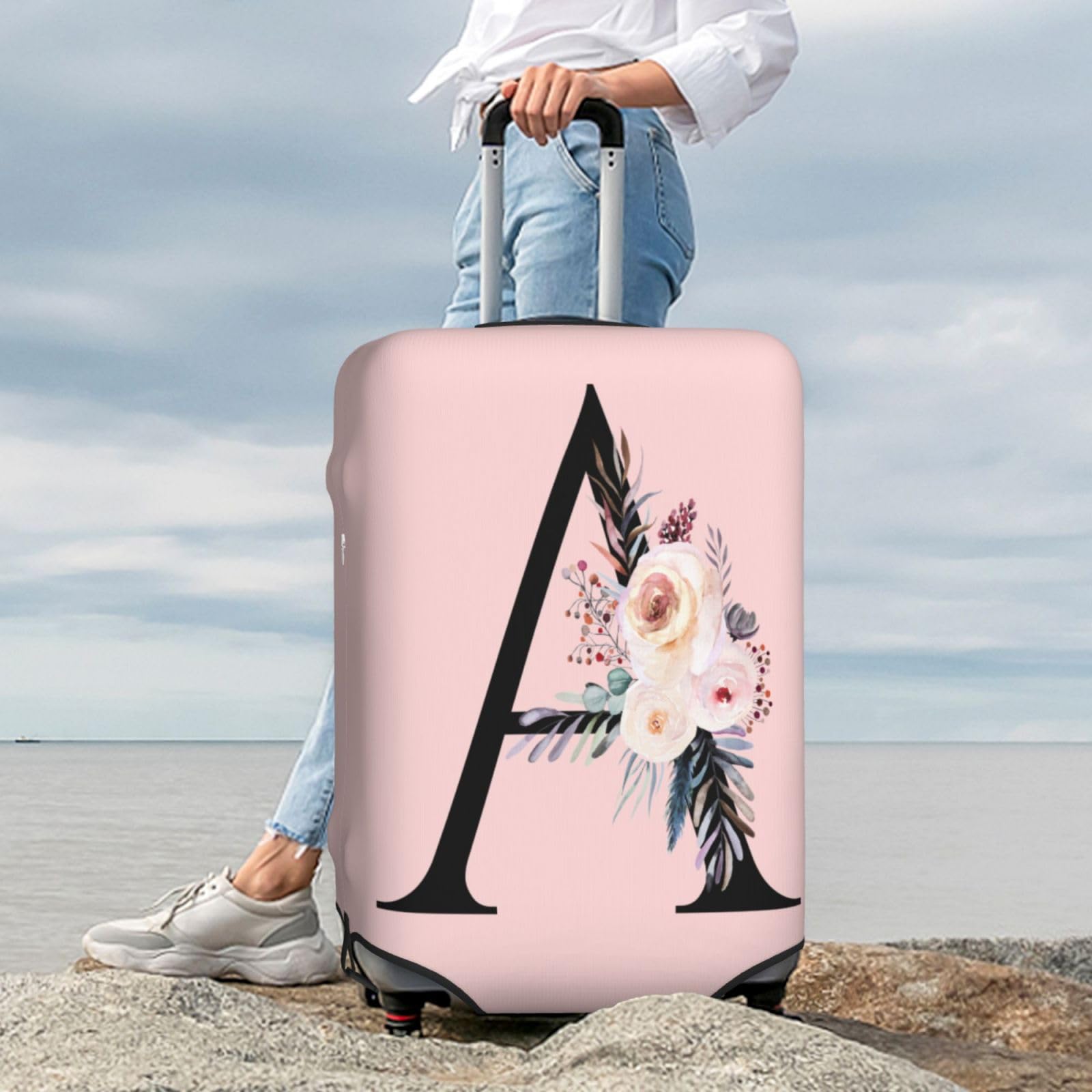 Cute Pink Spandex Suitcase Cover with Black Letter A & Boho Floral Design - Anti-Scratch, Dust-Proof Washable Luggage Protector for Kids & Adults (Fits 18-21 Inch Bags) - Perfect for Travel, Airplane Trips & Suitcase Protection