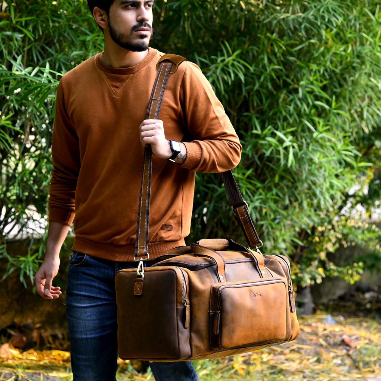 Premium Genuine Leather Duffel Bag - Water-Resistant Carry-On Luggage with Adjustable Shoulder Strap & Trolley Straps - Perfect for Travel, Gym, Business Trips & Weekend Getaways