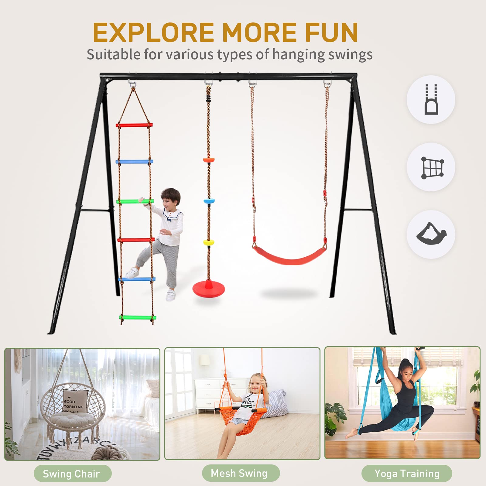 IKARE Heavy Duty Extra-Large Metal Swing Stand for Kids & Adults - 400lb Capacity, Fits Porch Swings - Indoor/Outdoor Backyard, Garden & Patio Use - Includes Ground Stakes for Stability