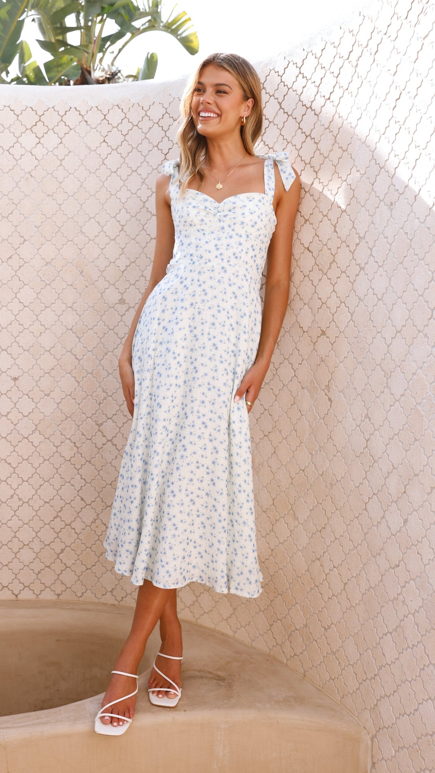 Blakely Midi Dress - Blue Floral Print Women's Summer Dress for Casual Wear, Office & Date Night | Lightweight & Comfortable