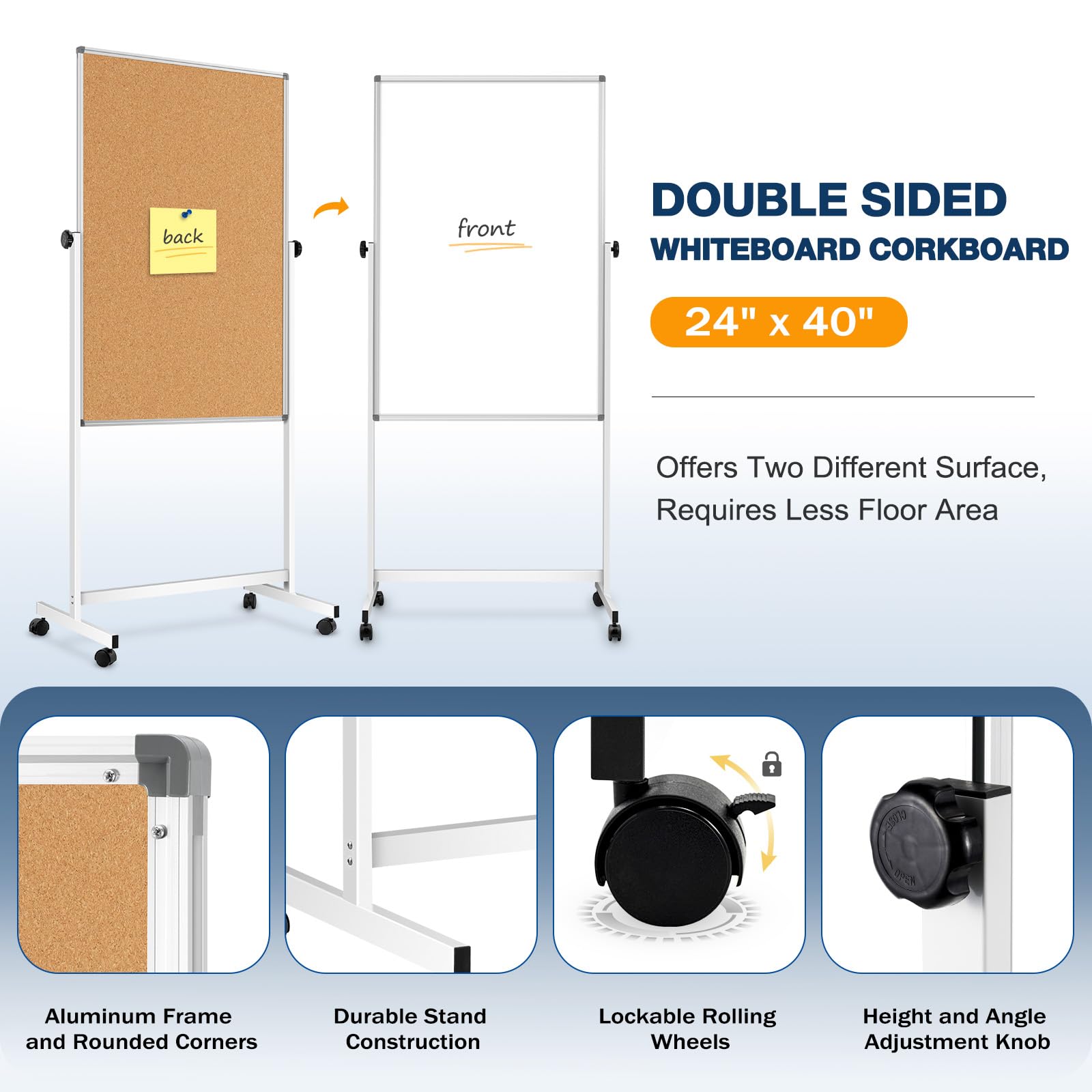 13 Sq/ft WALGLASS Mobile Whiteboard & Corkboard Combo - 24