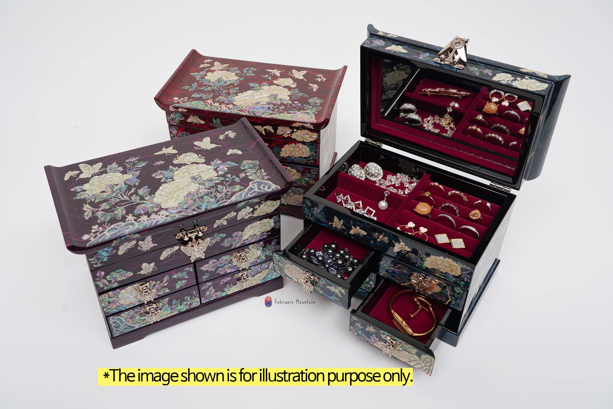 February Mountain Mother of Pearl Wooden Jewelry Organizer Box - Spacious Jewelry Storage for Women with Multiple Drawers, Perfect for Organizing Rings, Bracelets, Watches, Necklaces & Accessories (Peony Purple) | Elegant Jewelry Display for Dresser Top, Vanity or Gift Giving