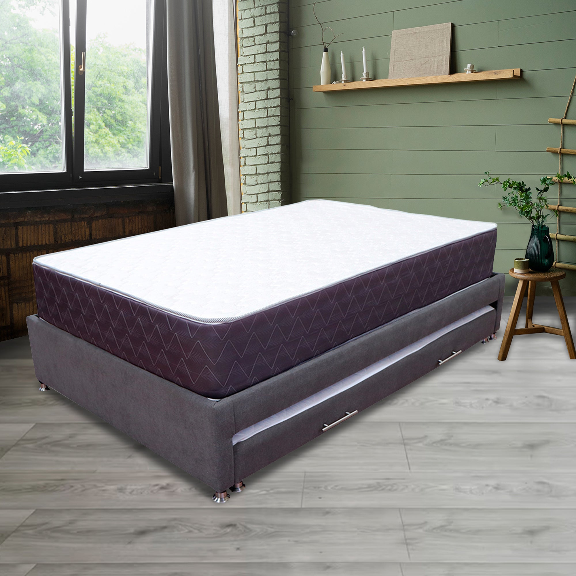 Dark Gray & Ash White Semi-Double Platform Bed Frame with Mattress Set - 120 x 190 cm | Modern Bedroom Furniture for Small Spaces & Guest Rooms
