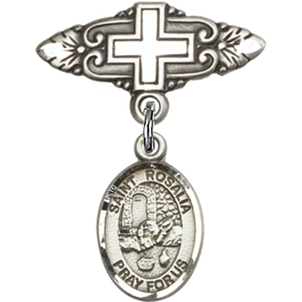 St. Rosalia Sterling Silver Baby Badge with Cross Charm - 1 X 3/4 Inch Religious Pin for Baptism, Christening & First Communion Gifts