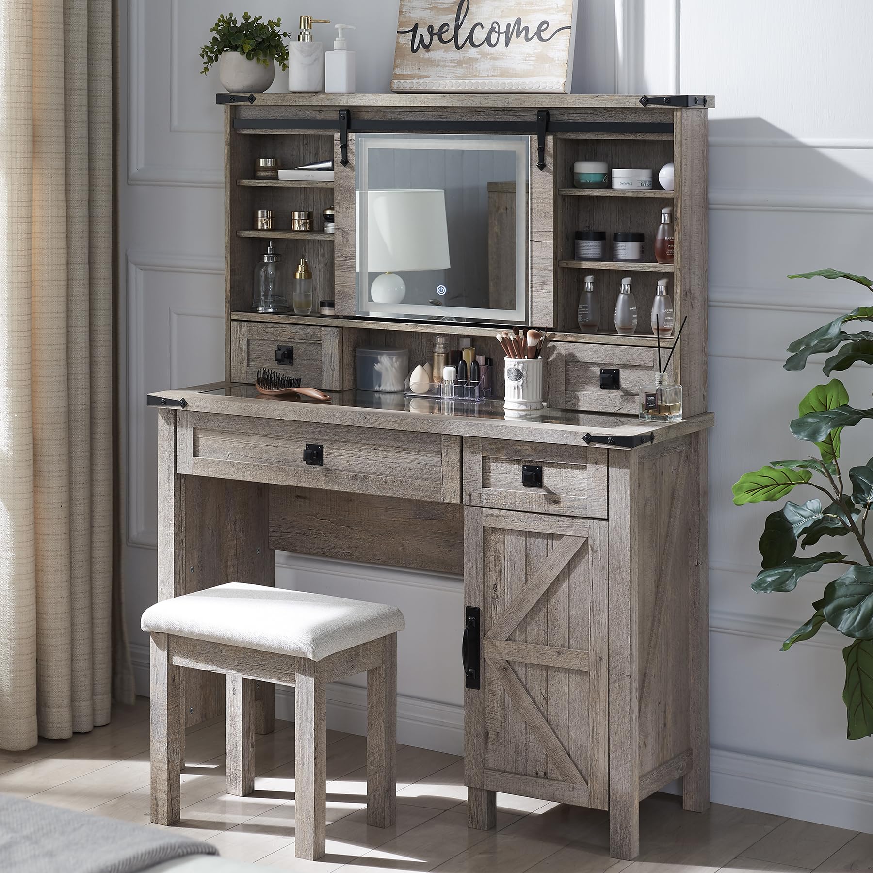 Farmhouse Makeup Vanity Desk with Sliding Mirror & LED Lights - 42
