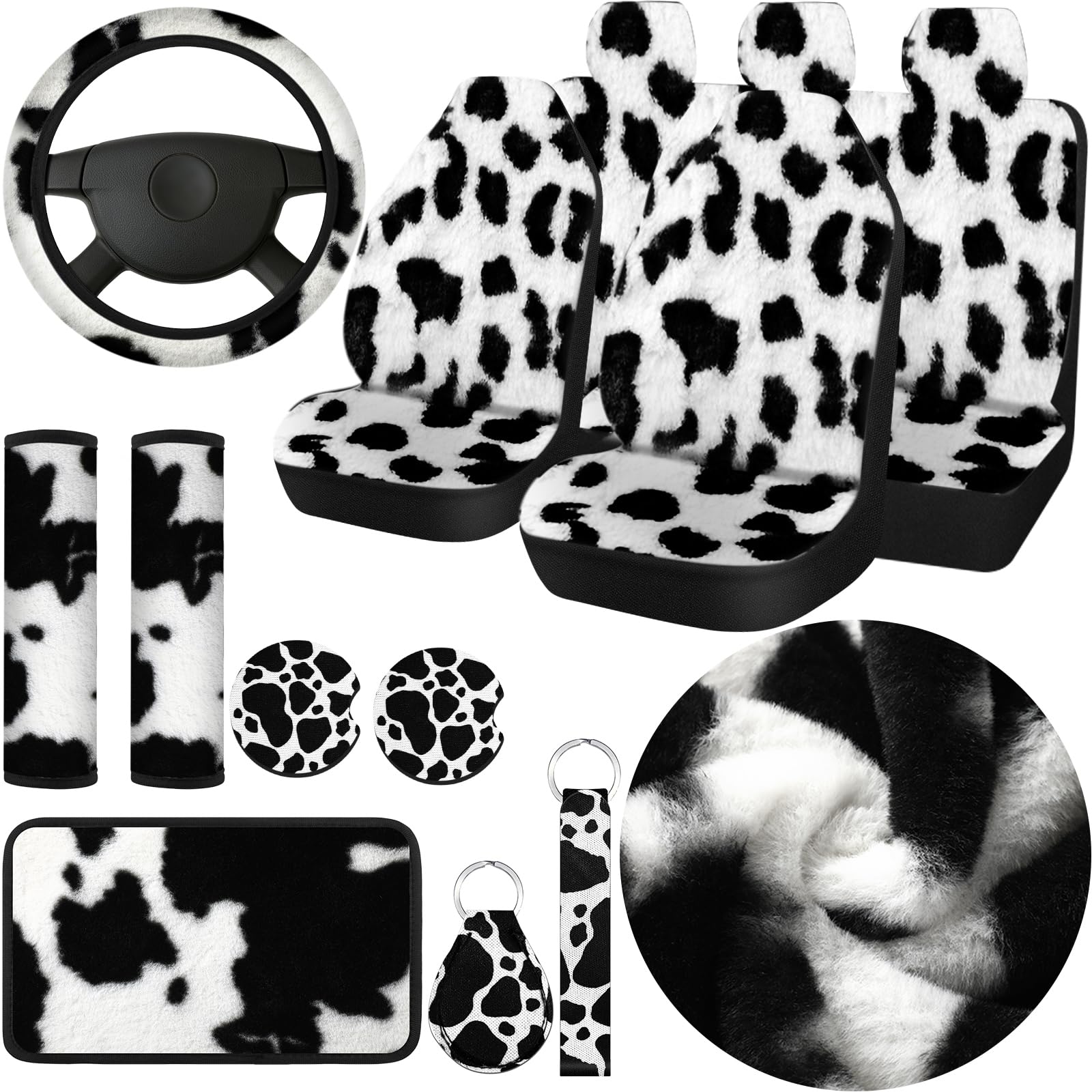 Plush Cow Print Car Seat Covers Set - Warm Winter Accessories for Christmas Decor