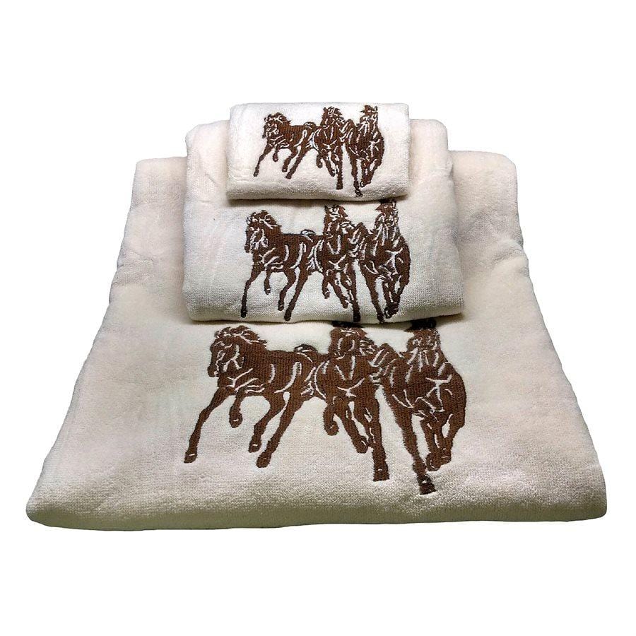 3-Piece Horse Embroidered Bath Towel Set - Soft Cream Cotton Bathroom Towels for Farmhouse Decor, Guest Bathroom & Equestrian Lovers