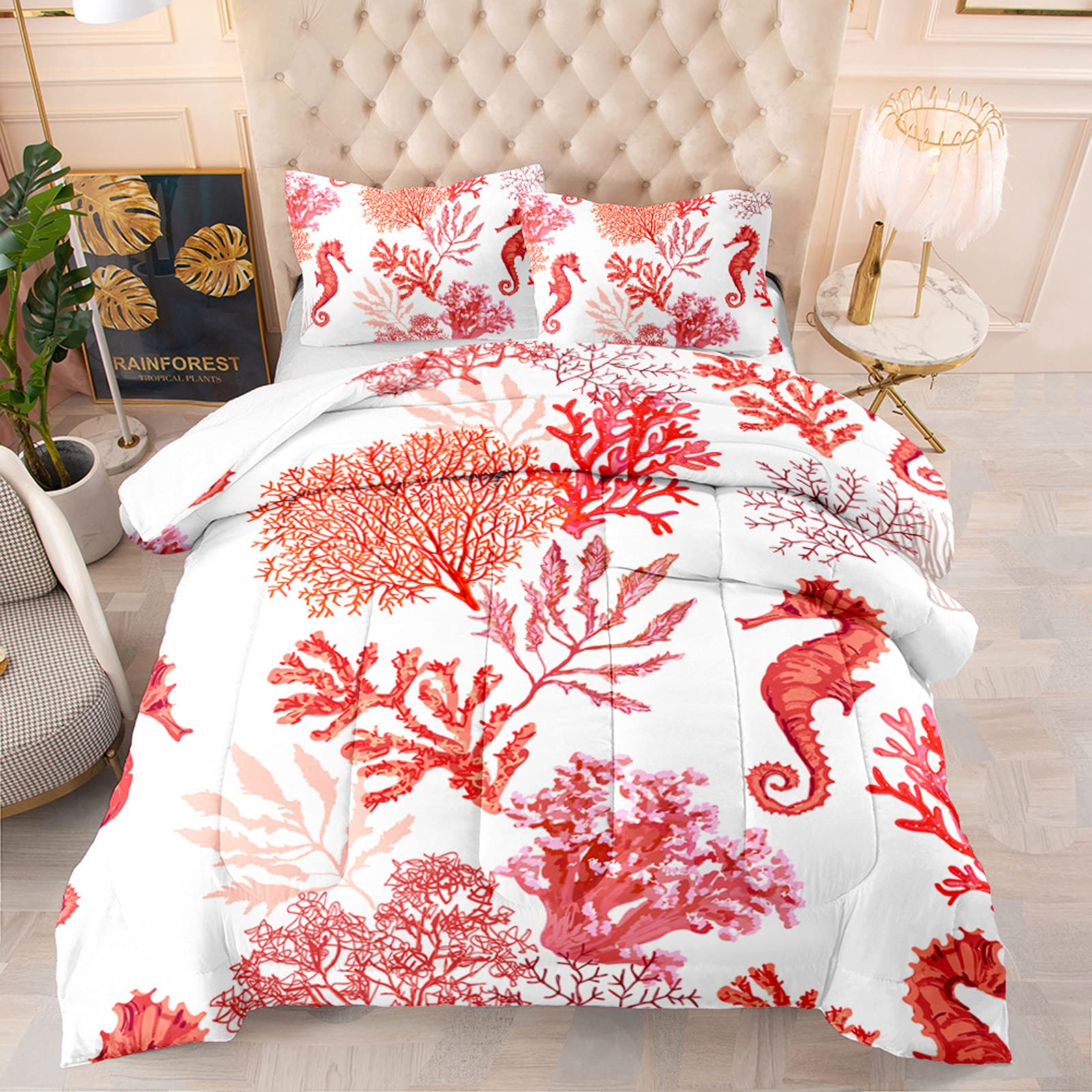 Lianai Coastal Coral Full Bed Comforter Set - Hawaiian Tropical Hippocampus Bedding with 1 Comforter & 2 Pillow Shams | Perfect for Beach-Themed Bedrooms, Vacation Homes & Tropical Decor
