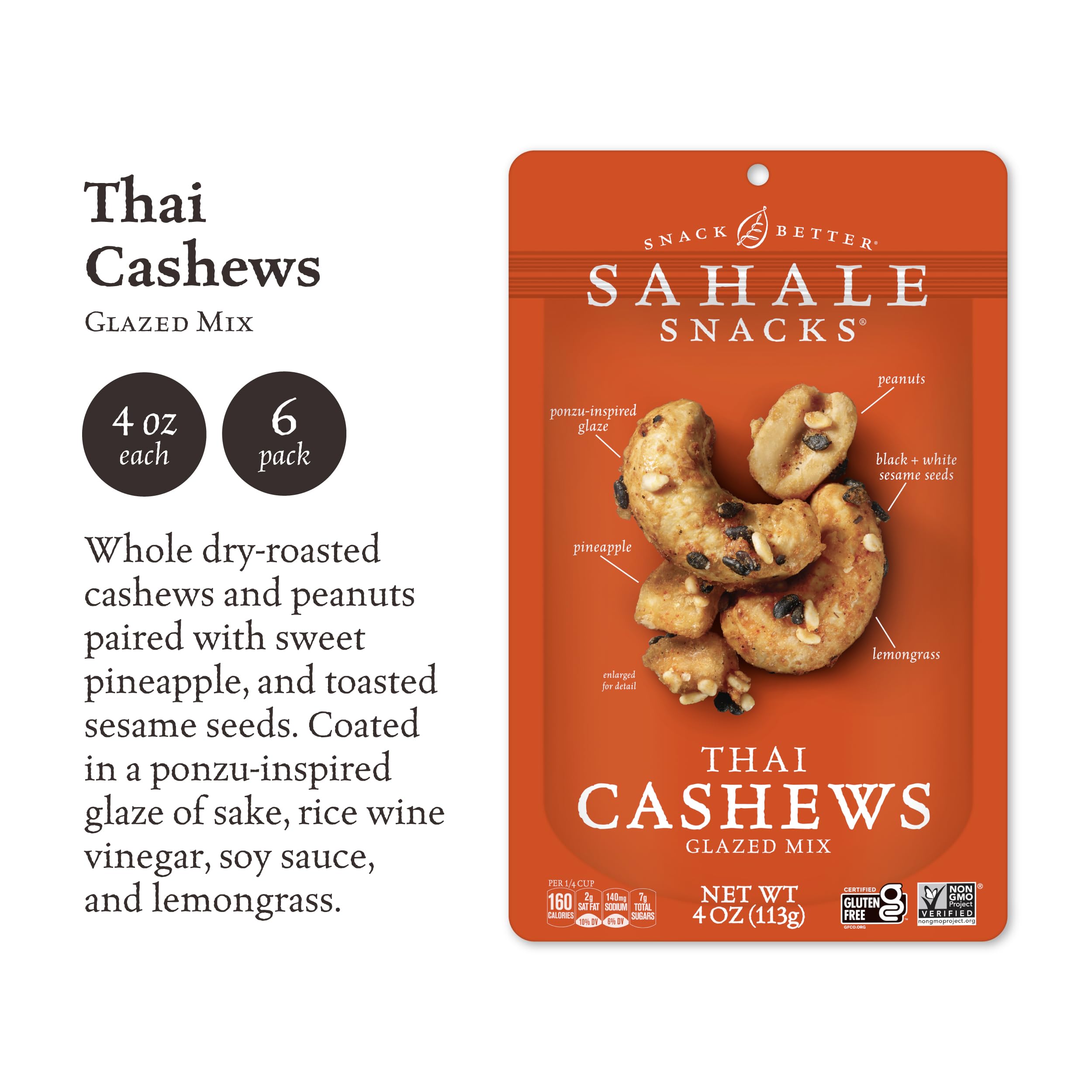 Sahale Snacks Thai Cashews Glazed Mix - 4oz (Pack of 6) | Premium Roasted Cashews with Coconut, Ginger & Lemongrass | Perfect for Office Snacks, Travel & Gifts