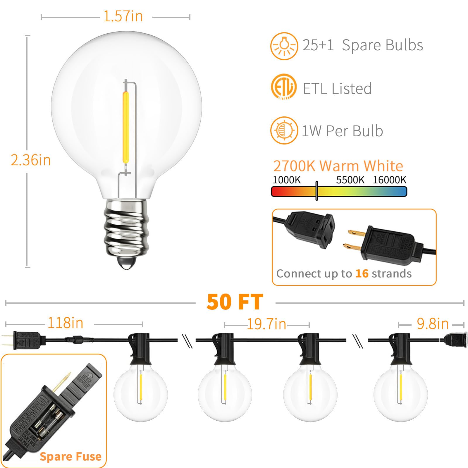 50 FT Outdoor String Lights with 26 LED Bulbs - Waterproof Shatterproof Connectable Hanging Globe Lights for Patio, Bistro, Cafe, Backyard, Balcony - Warm White Decorative Lighting for Parties, Weddings & Outdoor Dining