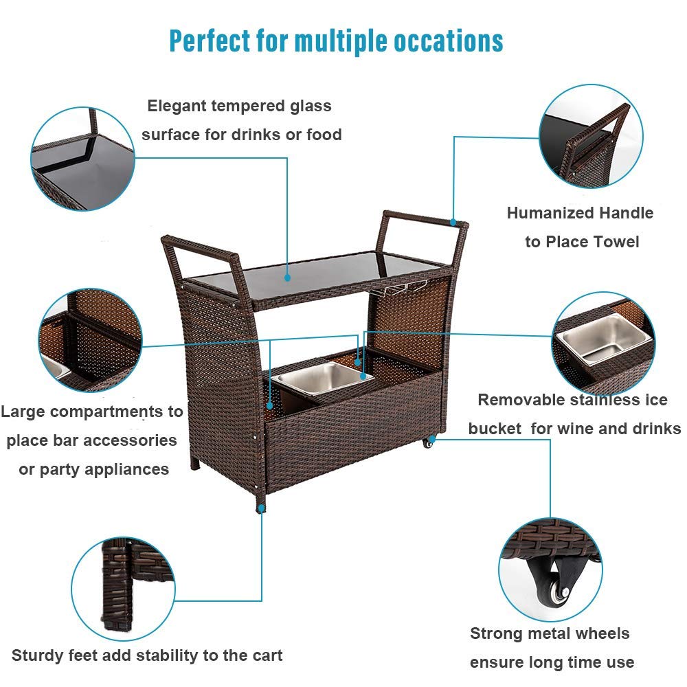 Bonnlo Wicker Outdoor Bar Cart with Wheels & Ice Bucket - Rattan Serving Cart with Glass Top & Wine Glass Holder - Perfect for Pool Parties, Backyard BBQs, Porch Entertaining & Outdoor Gatherings