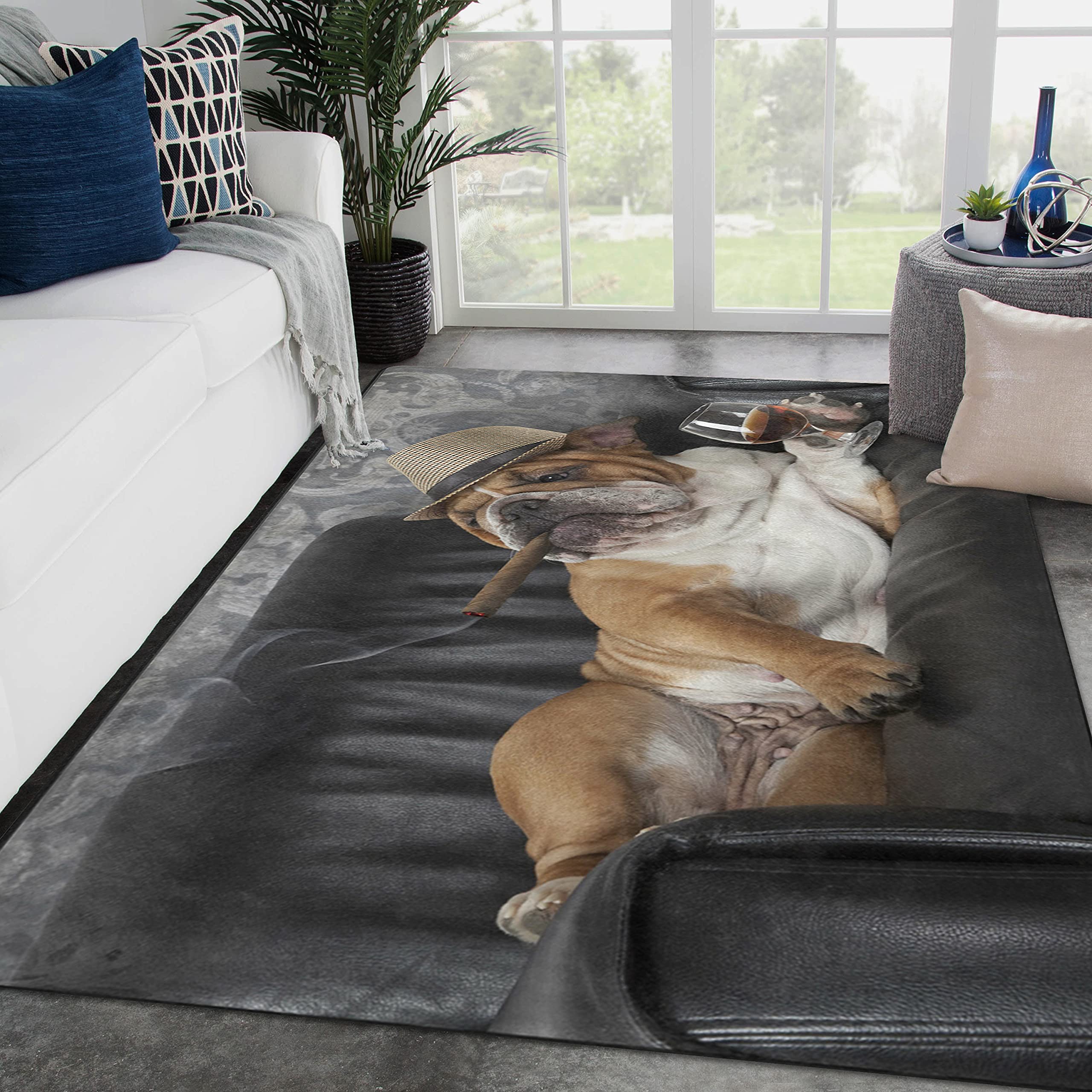 ALAZA English Bulldog with Cigar and Glass Non-Slip Area Rug - 6'x4' Soft Floor Mat for Living Room, Bedroom, Office - Perfect for Home Decor and Pet Lovers